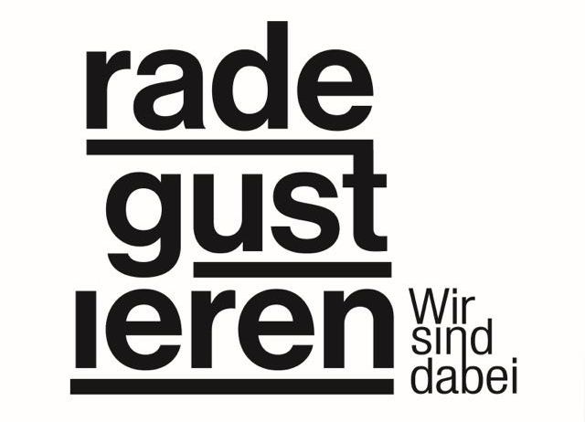 Ein weißer Hintergrund mit schwarzem Text, der 'rade gust lernen' und 'Wir sind dabei' am unteren Rand zeigt.