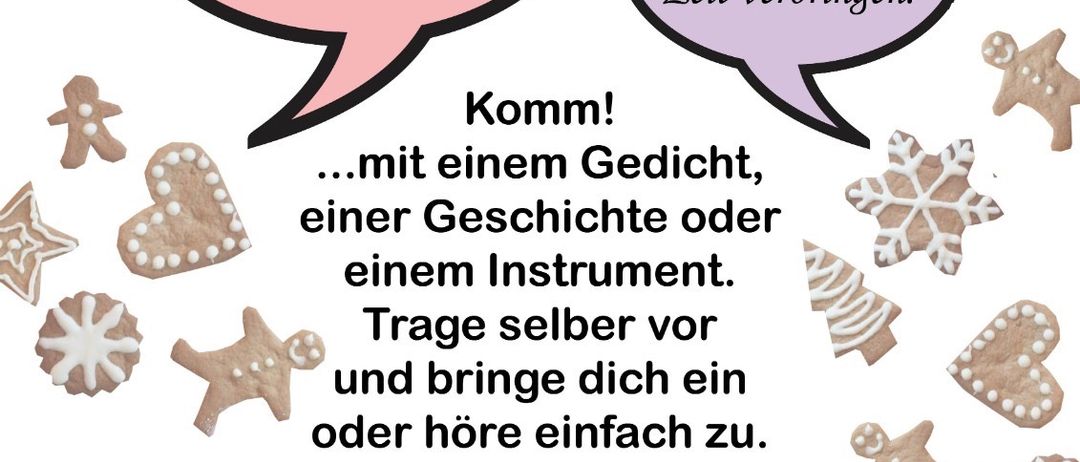 Ein Plakat lädt zu einem Weihnachtsevent ein. Es zeigt Lebkuchen und Schneeflocken und eine Botschaft in Sprechblasen. Das Event findet am 16. November 2025 von 16 bis 18 Uhr im Pfarrheim St. Radegund statt. Jeder ist willkommen.