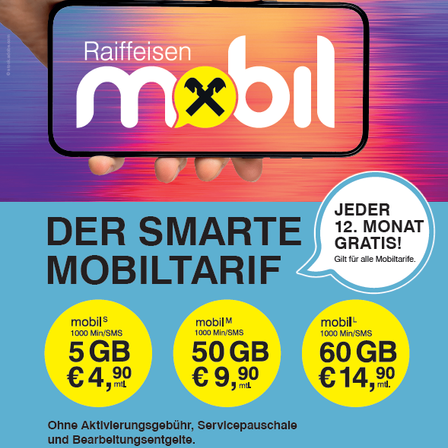 Eine Anzeige für den Mobilfunkservice von Raiffeisen Salzburg zeigt eine Hand, die ein Smartphone mit verschiedenen Tarifoptionen hält. Es werden drei Pläne angezeigt: 5 GB für 4,90 €, 50 GB für 9,90 € und 60 GB für 14,90 €. Jeder Plan beinhaltet 1000 Minuten und SMS. Ein QR-Code und eine Website zur Aktivierung sind ebenfalls angegeben.