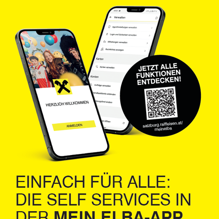 Werbung für die Selbstbedienungs-App von Raiffeisen Salzburg, die zwei Smartphones mit der App-Oberfläche und einem QR-Code für 'salzburg.raiffeisen.at/meineIba' zeigt. Die App wird für ihre benutzerfreundlichen Funktionen hervorgehoben.