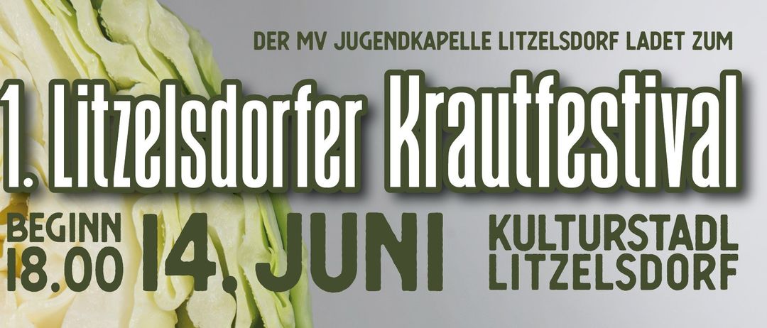 Eine Werbung für die MV Jugendkapelle Litzen zeigt ein grünes Blattdesign mit dem Text Juni Kul in fettgedruckten grünen Buchstaben auf grauem Hintergrund.