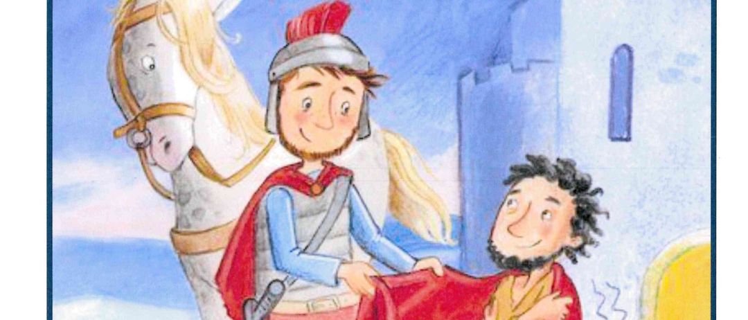 Eine Einladung zum Martinstag mit einem illustrierten Ritter, einem Mann in Gewändern und einem Pferd. Der Text lautet: 'Wir laden euch alle recht herzlich zu unserem Martinsfest mit anschließendem Laternenumzug und Agape ein. Wann: 10. November 2025 um 16 Uhr.'