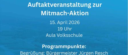 Plakat für eine Veranstaltung in Litzelsdorf mit dem Titel 'Kleine Wege - Große Wirkung'. Die Veranstaltung ist eine Freiwilligenaktion zur Teilnahme an der 'Mitmach-Aktion' am 15. April 2026 um 19 Uhr in der Aula Volksschule. Zum Programm gehören eine Begrüßung durch Bürgermeister Jürgen Resch, Moderation von Walter Reiss und ein Kurzvortrag des Physiotherapeuten Hannes Ochsenhof.