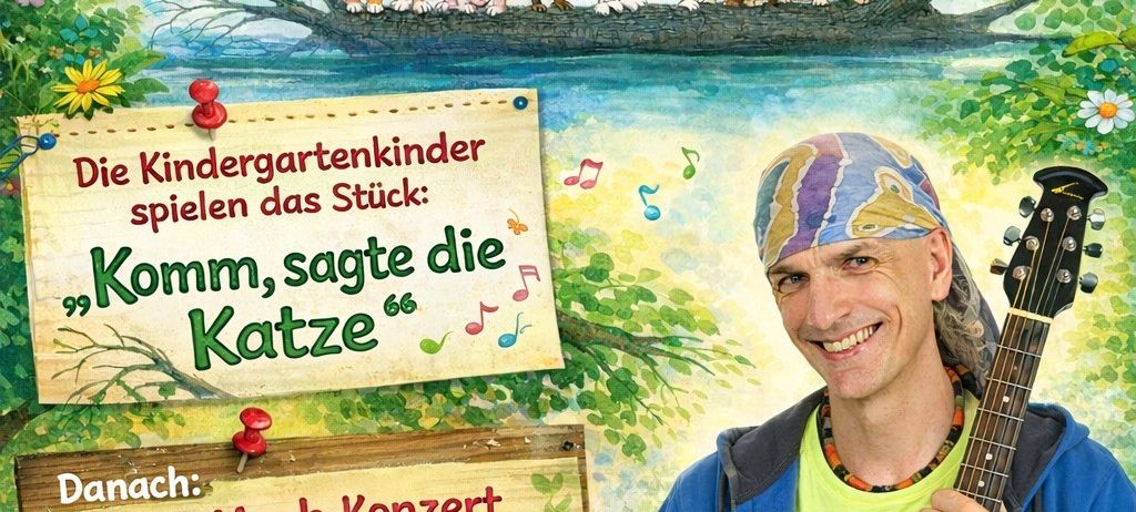Ein Poster für ein Kinderkonzert zeigt einen lächelnden Mann mit Gitarre und verschiedene Tiere auf einem Ast. Das Ereignis ist am 26. Juni 2026 um 15:30 Uhr, mit den Kindergartenkindern, die das Lied 'Komm, sage die Katze' spielen.