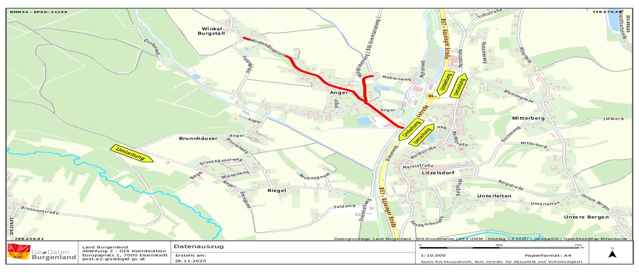 Karte, die den Fluss Anger mit einer roten Linie zeigt, der durch ein ländliches Gebiet mit Dörfern und Straßen fließt. Die Karte enthält verschiedene Ortsnamen und Daten.