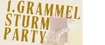 Das Bild zeigt ein Buchcover mit dem Titel 'I. Grammel Sturm Party' in Gold auf weißem Hintergrund. Das Cover zeigt einen Glaskrug mit einem Getränk und einem Glas.