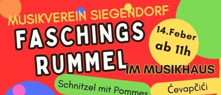 A poster for a carnival event in a music hall. It features a clown playing a trumpet, warm kitchen offerings, roasted vegetables, various sausages, and a raffle. Starts at 11 AM.