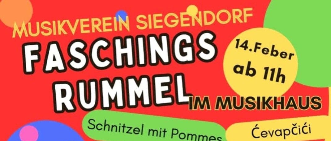 Ein Plakat für eine Karnevalsveranstaltung in einem Musikhaus. Es zeigt einen Clown, der eine Trompete spielt, warme Küchenangebote, gebratenes Gemüse, verschiedene Würste und eine Tombola. Beginn um 11 Uhr.