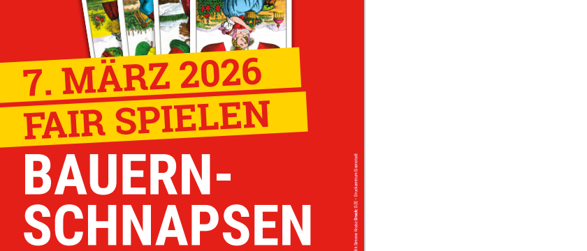 Werbeplakat für eine Kartenspiel-Veranstaltung namens 'Bauern-Schnapsen' im New Asia, Badgasse 2, 7011 Siegendorf. Die Veranstaltung findet am 7. März 2026 ab 15:00 Uhr statt. Es gibt Preise für die Gewinner.