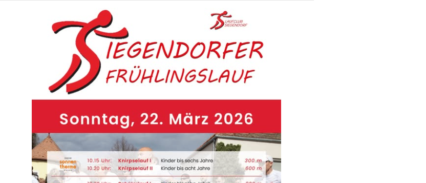 Plakat für einen Laufwettbewerb am 22. März 2026 mit Entfernungen und Zeiten für verschiedene Altersgruppen. Warmes Essen wird ab 11:00 Uhr erhältlich sein.