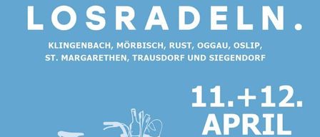 An advertisement for the Burgenland region featuring 8 communities and their wine varieties. Event on April 11 and 12, 2026, starting at 9 AM. A bicycle with a basket and bottles is displayed.