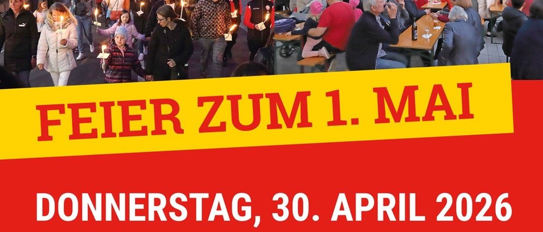 Plakat für eine Veranstaltung in Siegendorf. Es zeigt eine Menschenmenge mit Kerzen, ein Abendkonzert, eine Fackelprozession und ein Treffen im Kulturzentrum. Termine sind der 30. April und der 1. Mai 2026.