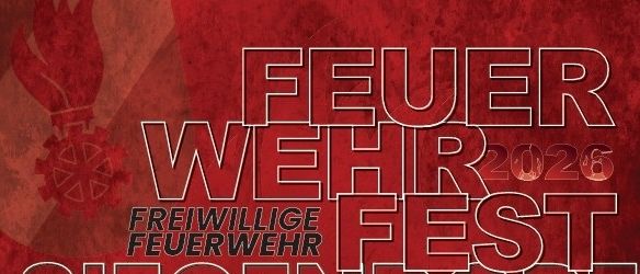 Ein Plakat bewirbt ein freiwilliges Feuerwehrfest in Siegendorf. Termine und Veranstaltungen umfassen Boccia-Turnier, Wassermelonen-Wettbewerb, Cocktailbar, Feldmesse, frühes Einkaufen, Feuerwehrmann-Party und Küche. Die Zeiten reichen von 15 Uhr bis 21 Uhr.