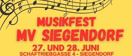 Plakat für MV Siegendorf. Veranstaltungen am 27. und 28. Juni in der Schaftriebgasse 4, Siegendorf. Beginn 18:30 Uhr. 19:00 Brit Brass, 20:30 Walter Kain. Sonntag beginnt um 11:00 Uhr. 11:30 Frühstück. Warme Küche. Freut euch auf MV Siegendorf.