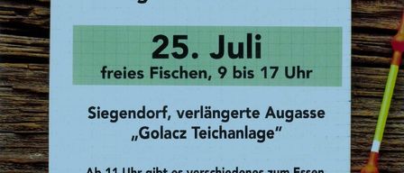 A flyer for the open door day on July 25th in Siegendorf, featuring free fishing from 9 AM to 5 PM. It includes details about food options and fishing gear requirements.