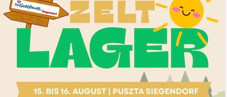 Plakat für ein Kinderlager in Siegendorf vom 15. bis 16. August. Es zeigt eine Waldszene mit Kindern, die um ein Lagerfeuer und Zelte spielen. Der Text enthält Details zum Treffpunkt, Ende und Kosten.