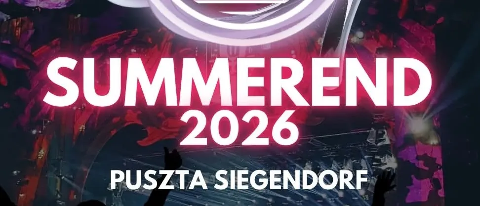 Plakat für das Summerend 2026 Event in Pusztasiendorf mit einem leuchtenden Neonlogo, einer Silhouette einer Menge und einem lebhaften Hintergrund. Der Termin ist für den 5. September, Beginn um 20 Uhr.