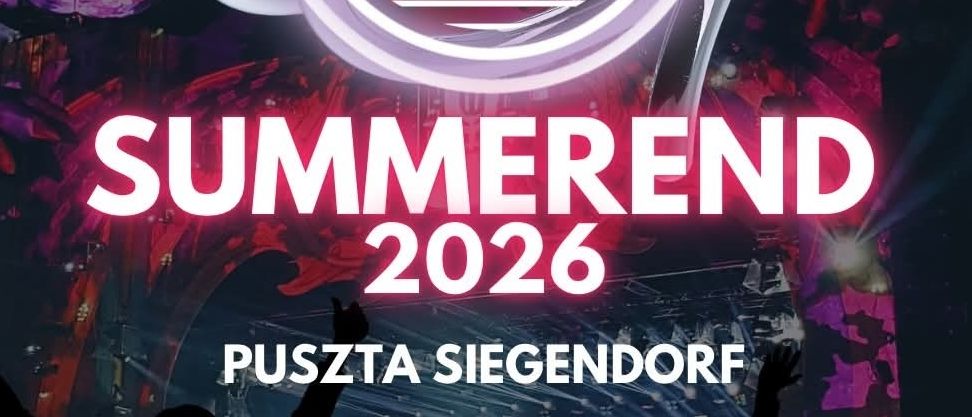 Plakat für das Summerend 2026 Event in Pusztasiendorf mit einem leuchtenden Neonlogo, einer Silhouette einer Menge und einem lebhaften Hintergrund. Der Termin ist für den 5. September, Beginn um 20 Uhr.