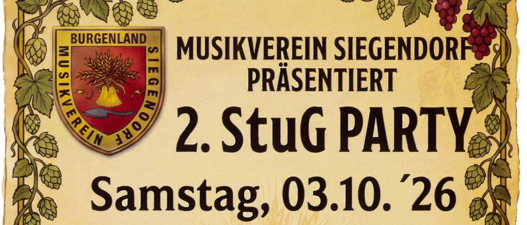 Plakat für die 2. StuG Party mit Essen, Musik und Getränken. Geplant für Samstag, 3. Oktober 2026.