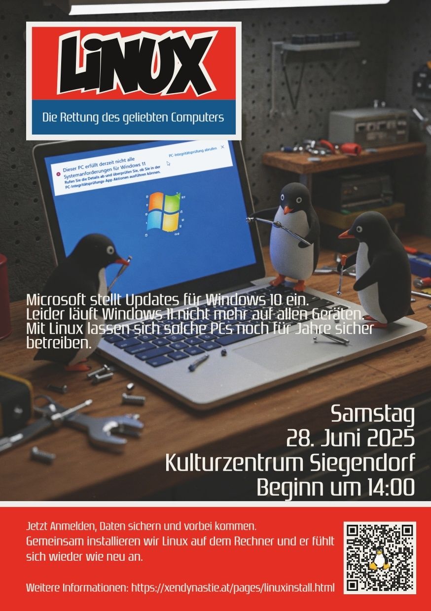 Ein offener Laptop auf einem Tisch zeigt einen Computerbildschirm mit einer Windows 10-Update-Meldung. Zwei Pinguine stehen neben dem Laptop. Datum und Ort einer Veranstaltung werden unten angezeigt.