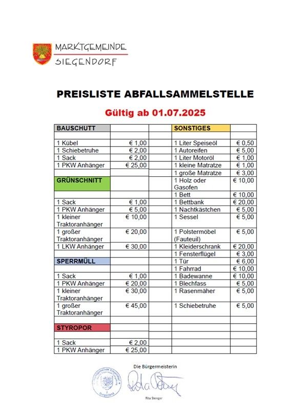 Das Bild zeigt eine Tabelle mit einer Liste von Preisen für verschiedene Artikel im Zusammenhang mit der Abfallsammlung auf der städtischen Deponie in Siegendorf. Die Tabelle ist in Kategorien wie Bauschutt, Grünschnitt, Sperrmüll und Styropor unterteilt. Jede Kategorie listet Artikel zusammen mit ihren entsprechenden Preisen auf, gültig bis 01.07.2025.