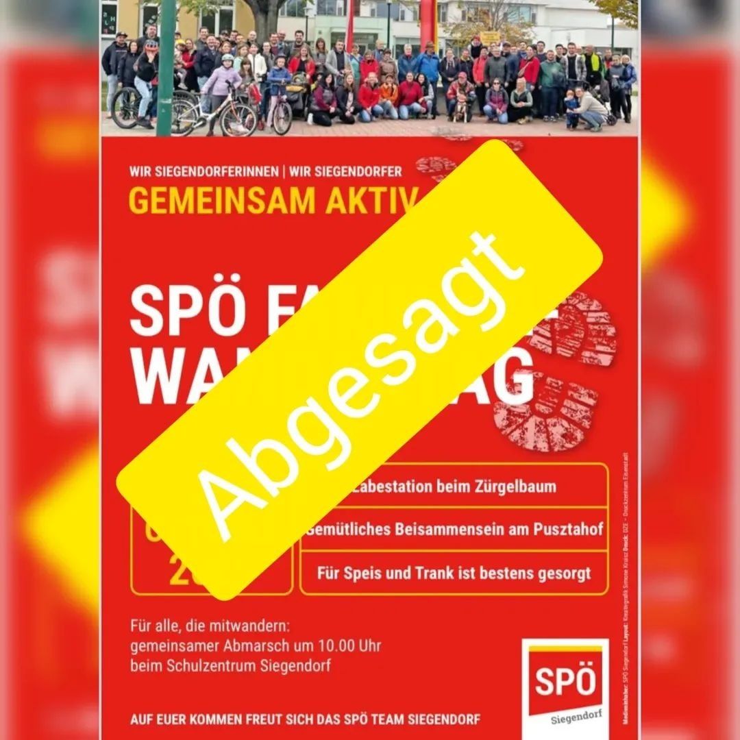 Ein Plakat für Siegendorf-Organisationen zeigt ein gelbes Banner mit dem Text 'Abgesagt' und eine Gruppe von Menschen mit Fahrrädern und einem Gebäude im Hintergrund.
