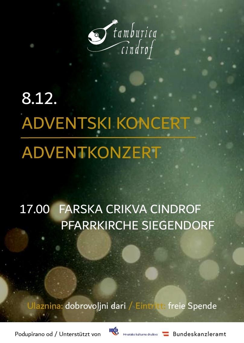 Werbung für ein Adventskonzert am 8. Dezember um 17 Uhr in der Farska Crikva Cindorf Kirche in Siegendorf.