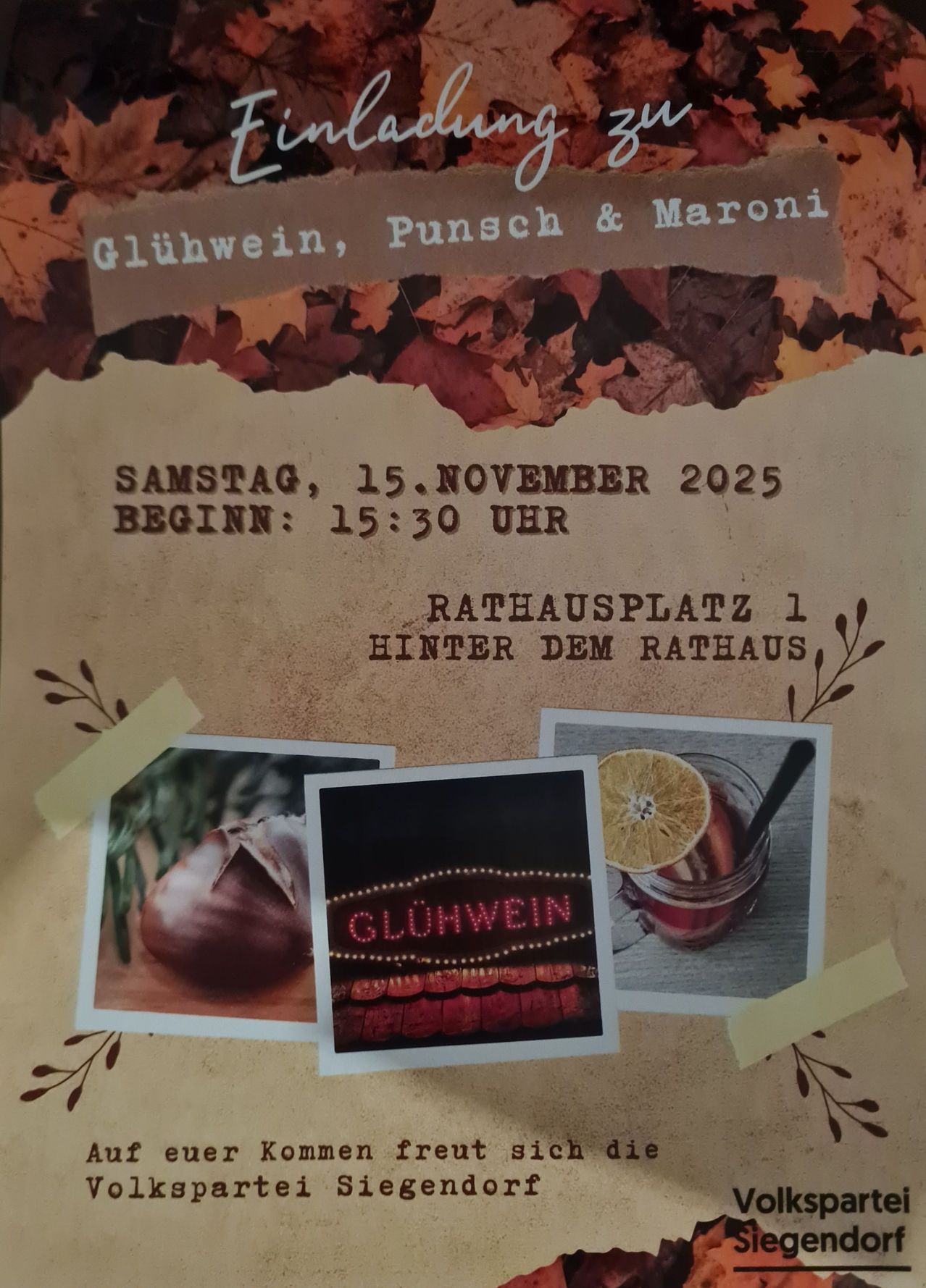 Plakat für eine Veranstaltung mit Glühwein, Punsch und Maroni. Geplant für Samstag, 15. November 2025, Beginn um 15:30 Uhr am Rathausplatz 1, hinter dem Rathaus.