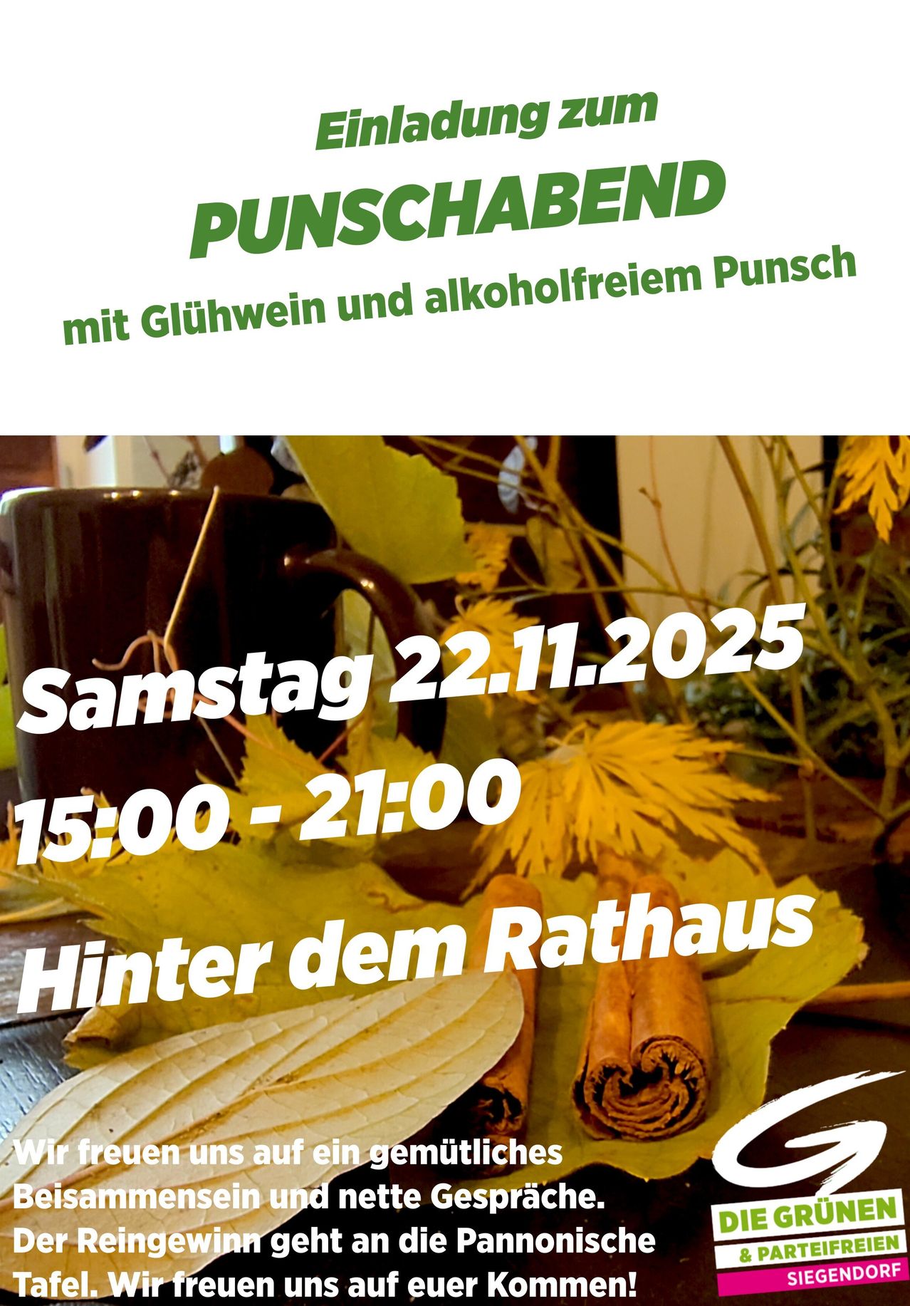 Eine Werbung für eine Veranstaltung mit dem Titel 'Punschabend', die eine Tasse und Blätter zeigt. Die Veranstaltung findet am Samstag, 22.11.2025, von 15:00 bis 21:00 hinter dem Rathaus statt.