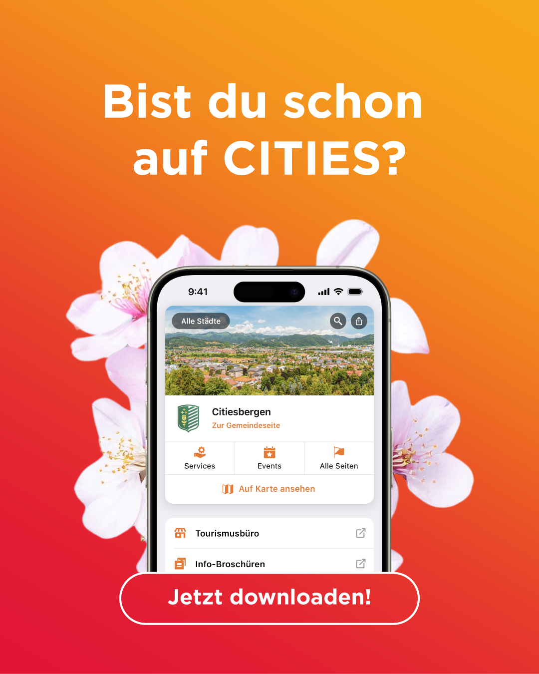 Screenshot of a smartphone displaying a mobile app for the city of Citiesbergen. The app features a landscape image, a logo, and options for services, events, and all pages. There is a call to download the app.