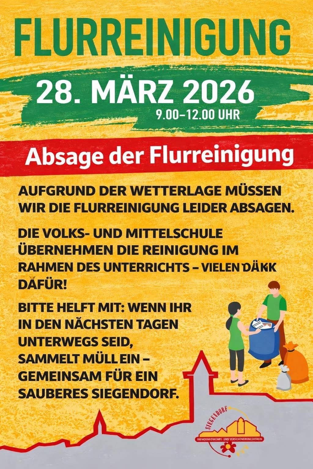Plakat für die Absage einer geplanten Reinigungsveranstaltung am 28. März 2026 von 9:00 bis 12:00. Es ermutigt zur Teilnahme, indem es beim Vorbeigehen Müll sammelt.
