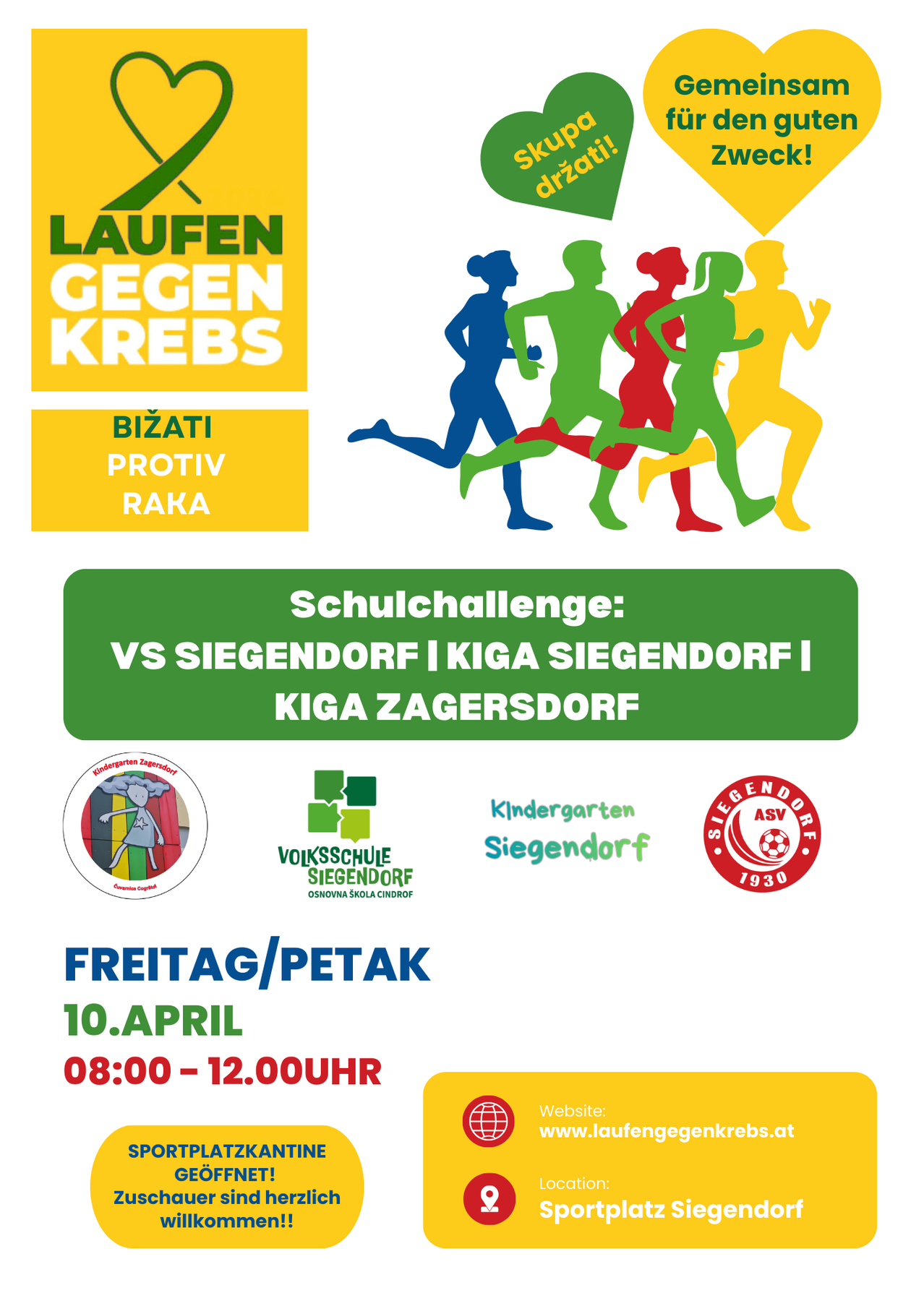 Poster for Laufen gegen Krebs with a running challenge between Siegensdorf and Zagersdorf on April 10th from 8:00 AM to 12:00 PM. It features a yellow and blue background with illustrations of people running.