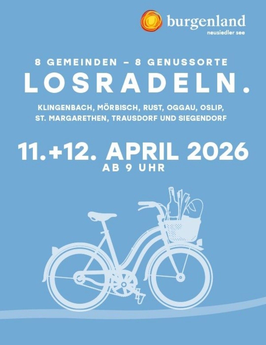 Ein Plakat für die Losradeln-Veranstaltung am 11. und 12. April 2026, mit einem Fahrrad und einem Korb, einschließlich acht Gemeinden. Beginn um 9 Uhr.