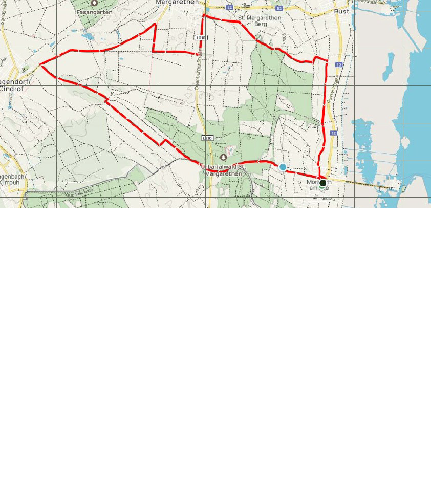 Eine Karte zeigt eine Route von Cintdorf nach Urbanwald St. Margarethen mit einem blauen Kreismarker und einer roten Linie.