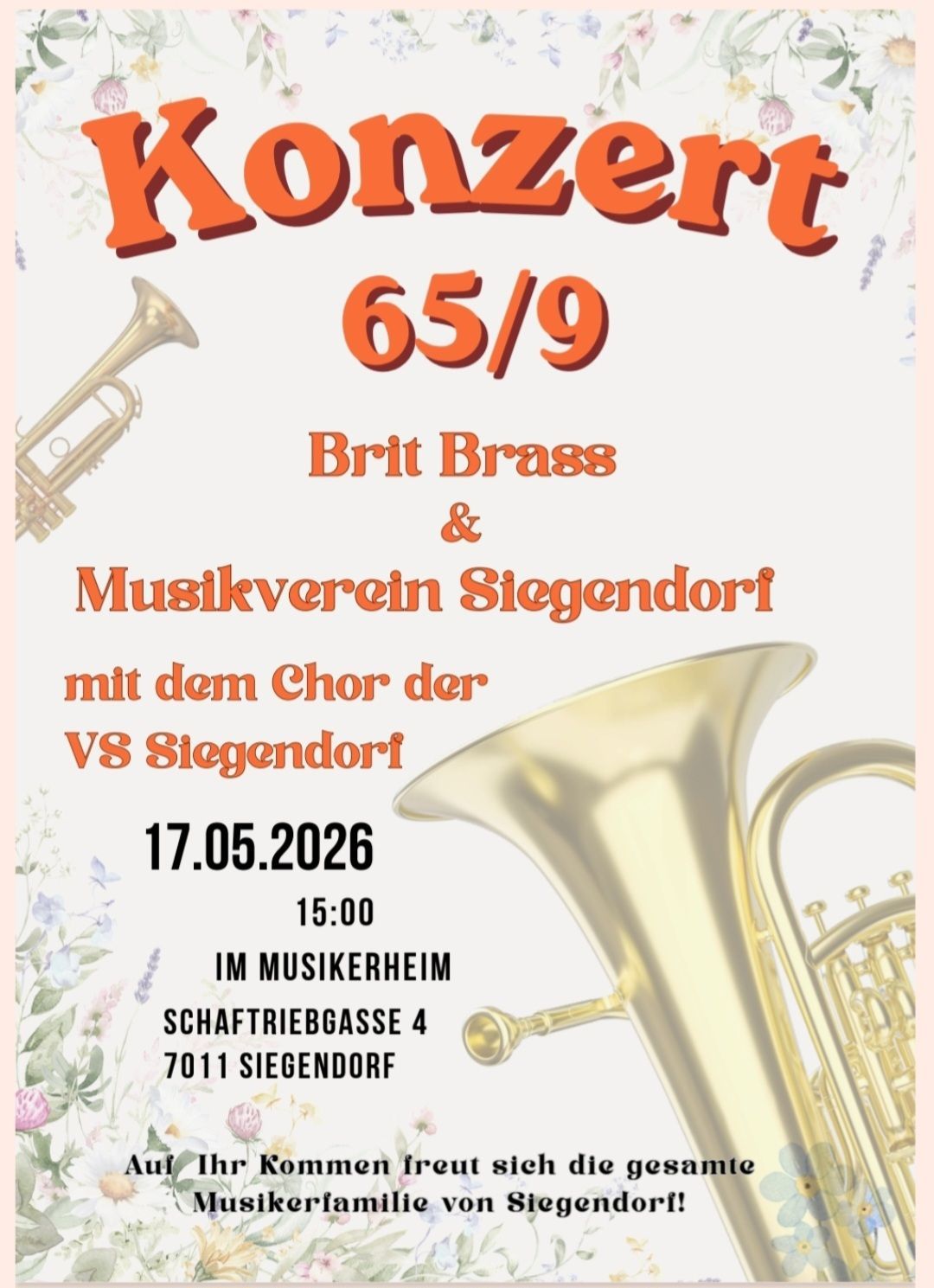 Plakat für ein Konzert von Brit Brass und Musikverein Siegen Dorf mit Chor, geplant für den 17.05.2026 um 15:00 Uhr im Musikheim in der Schaftriebgasse 4, Siegen Dorf.