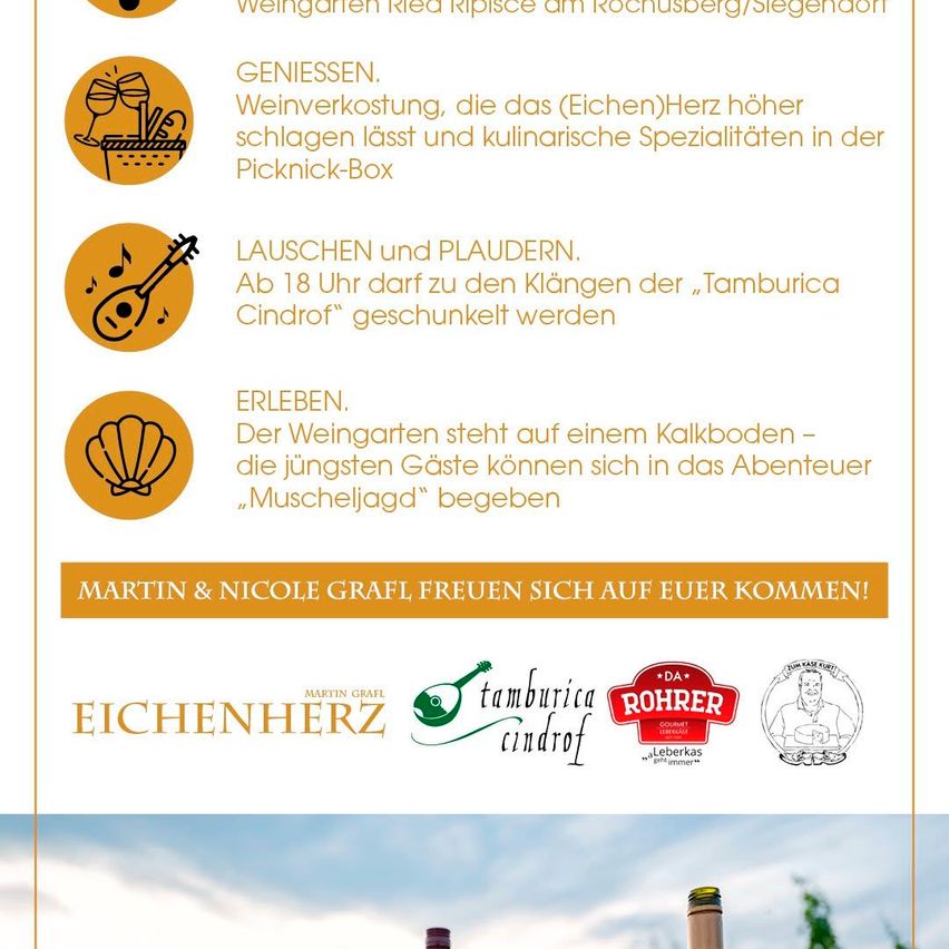 Eine Werbung für den Eichenherz Weinkeller mit Weinverkostung, Musik und Muscheljagd. Die Gastgeber Martin und Nicole Grafl heißen Gäste willkommen. Logos von Tamburica Cindrof, Rohrer und Zum Kase Kind sind zu sehen.