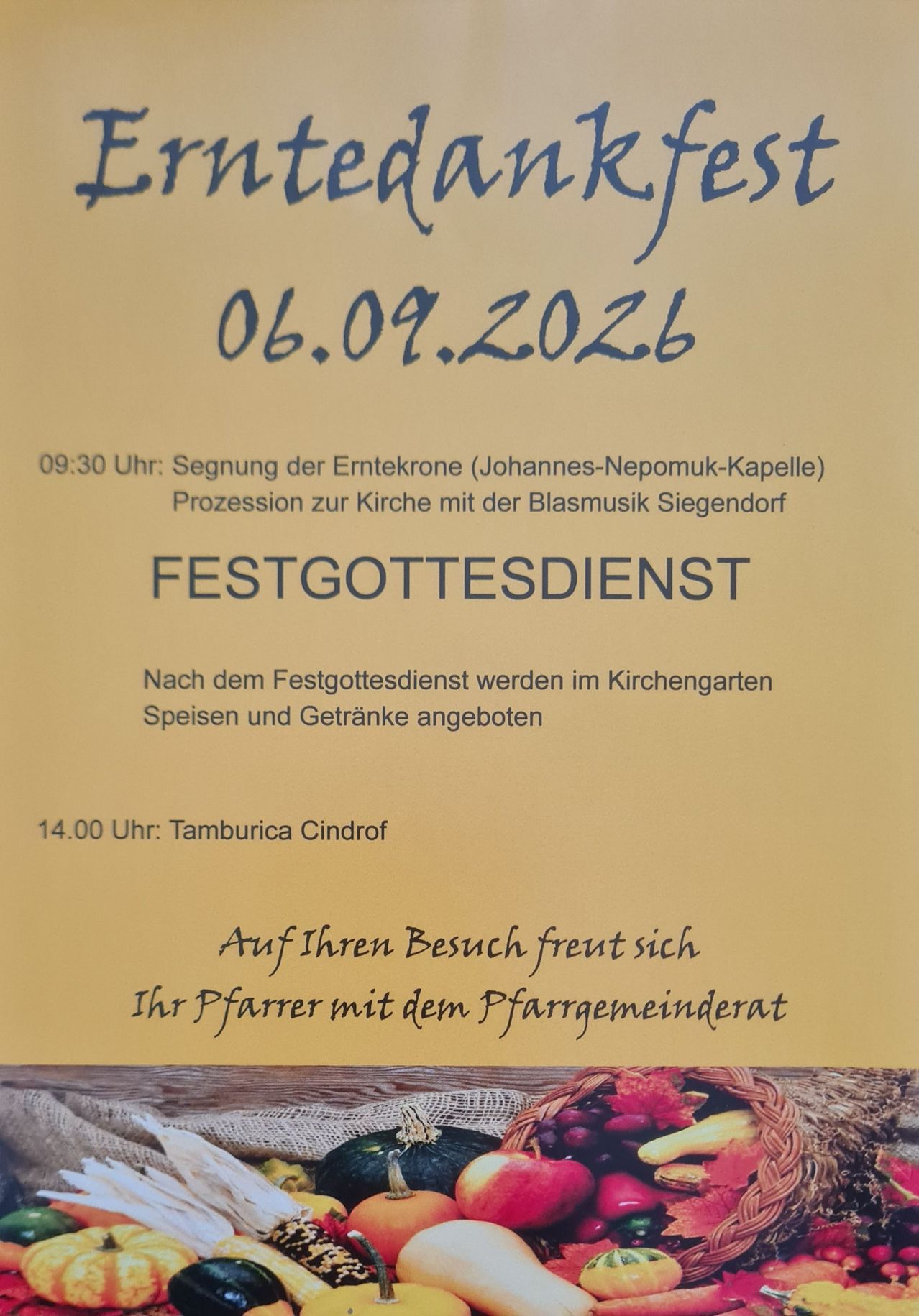 A yellow poster with blue text announces a church service on September 6, 2026, with details about a blessing, procession, and a tamburica performance. It also mentions food and drinks after the service.