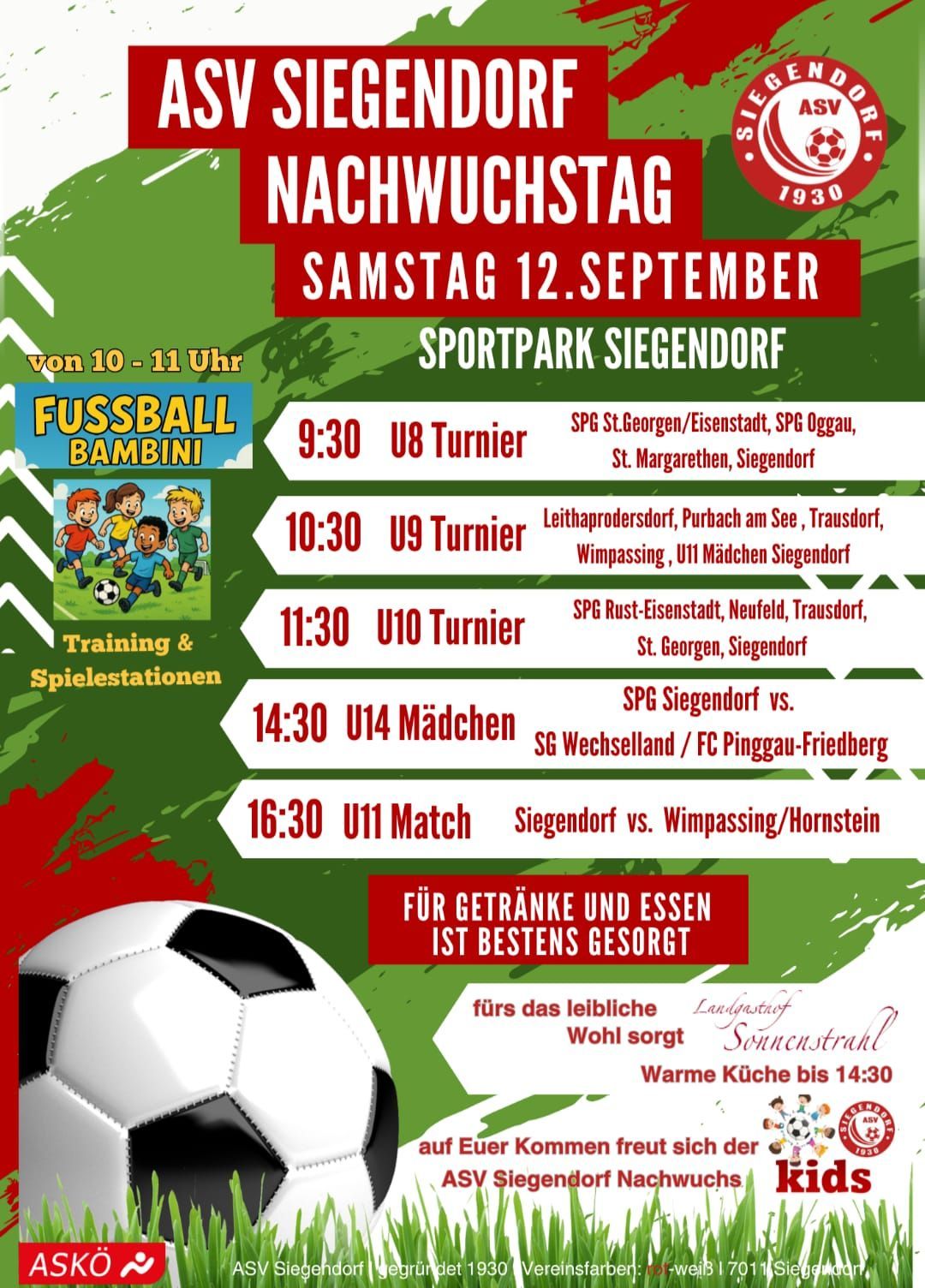 Poster for a soccer tournament on Saturday, September 12, 2020, featuring various matches and times, with a soccer ball in the foreground.