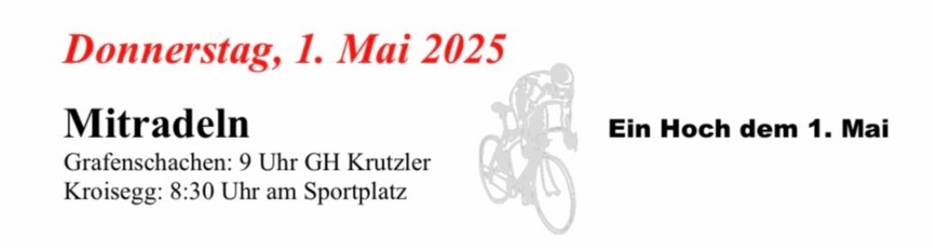 Plakat für eine Radsportveranstaltung am 1. Mai 2025. Es zeigt eine Silhouette eines Radfahrers und Details zur Zeitplanung der Veranstaltung.