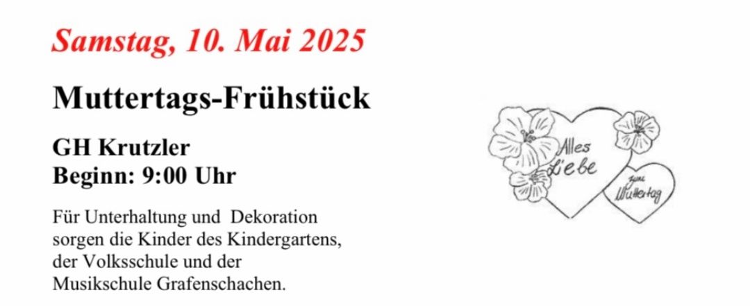 Plakat für das Muttertagsfrühstück am 10. Mai 2025 um 9:00 Uhr mit einer dekorativen Herzillustration mit den Worten 'Alles Liebe' und 'Wie'.