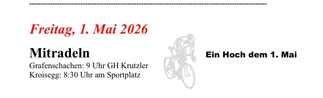 Das Bild zeigt einen Radfahrer auf einem Fahrrad mit dem Datum 1. Mai 2026 und Anmeldeinformationen.