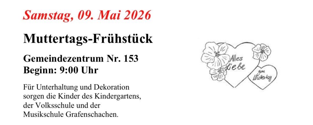 Plakat für das Muttertagsfrühstück, Datum 9. Mai 2026. Veranstaltungsort Kinderzentrum Nr. 153, Zeit 9:00 Uhr. Illustration von zwei Herzen mit Blumen. Text in Deutsch.