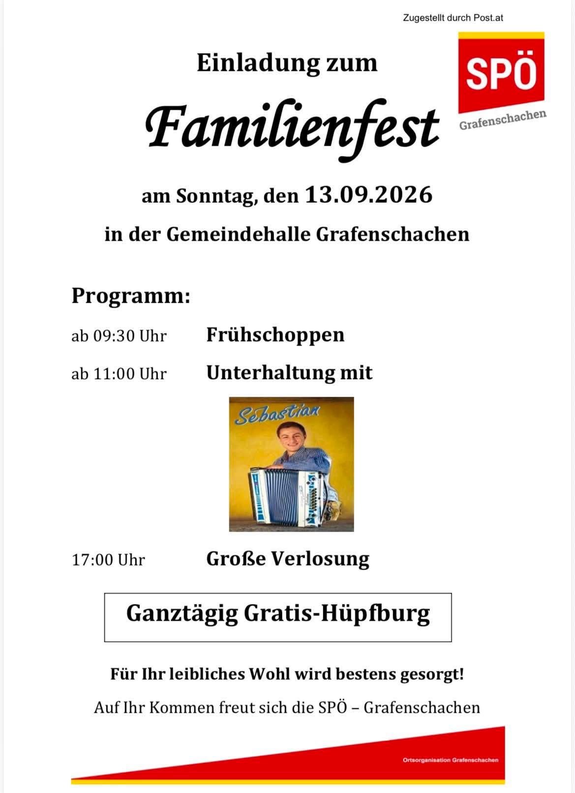 Poster for a family festival in Grafenschachen on September 13, 2026. The event includes breakfast, entertainment with Sebastian, and a large raffle. A free carnival is also offered.