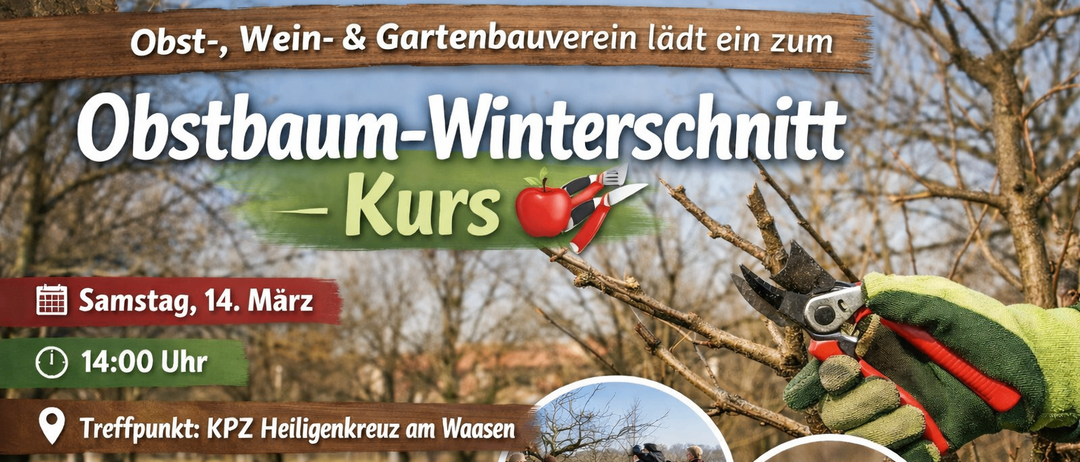 Plakat für einen Obstbaum-Winterschnittkurs, zeigt Bild von Schnittwerkzeugen und Menschen, Datum ist 14. März.