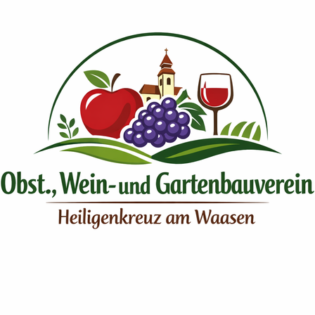 Logo des Obst-, Wein- und Gartenbauvereins Heiligenkreuz am Waasen mit Kirche, Apfel, Trauben und Weinglas.
