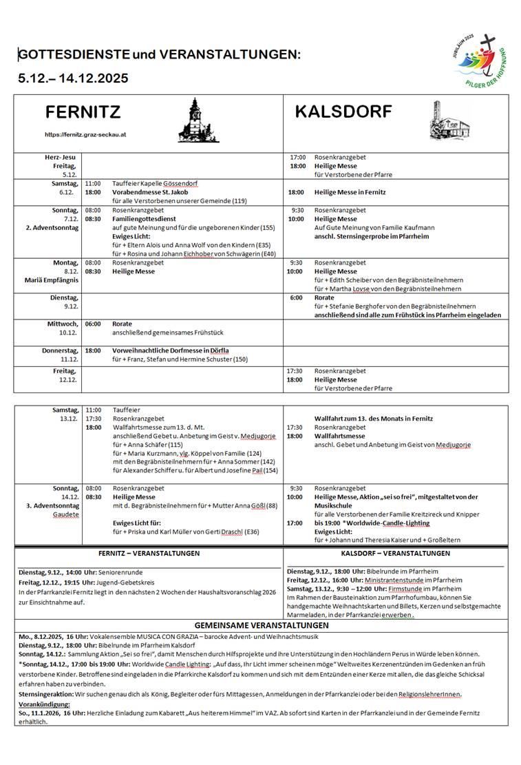 Das Dokument listet kirchliche und gemeinschaftliche Veranstaltungen für verschiedene Termine im Dezember auf, einschließlich Morgenmessen, Abendmessen und Familientreffen. Bemerkenswerte Veranstaltungen sind das Rosenkranzgebet, die Heilige Messe und verschiedene Familienaktivitäten. Die Veranstaltungen sind an verschiedenen Tagen und Zeiten geplant, wie Montagen, Freitagen, Samstagen und Sonntagen.