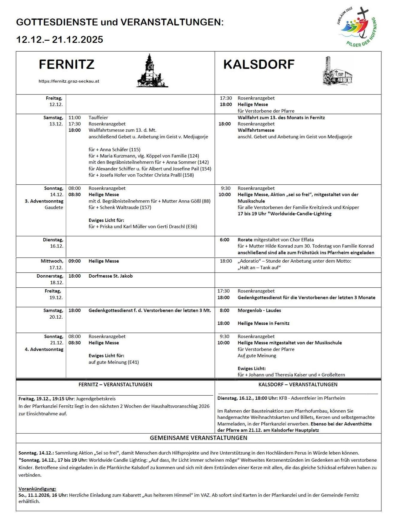 A schedule of events for the holiday season, including family activities, performances, and workshops at Fernitz and Kalsdorf. Events span from December 12 to December 21, with highlights such as family candlelight walks, music school performances, and a worldwide candle lighting.