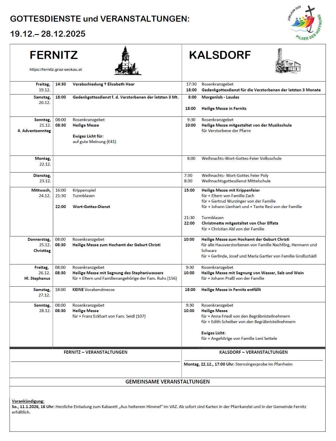 Dokument enthält Zeitpläne religiöser Veranstaltungen, einschließlich Rosenkranzgebete und Messen, sowie Gemeinschaftsveranstaltungen für Kalsdorf und Fernitz. Veranstaltungen enthalten spezifische Zeiten, Familiennamen und Orte.