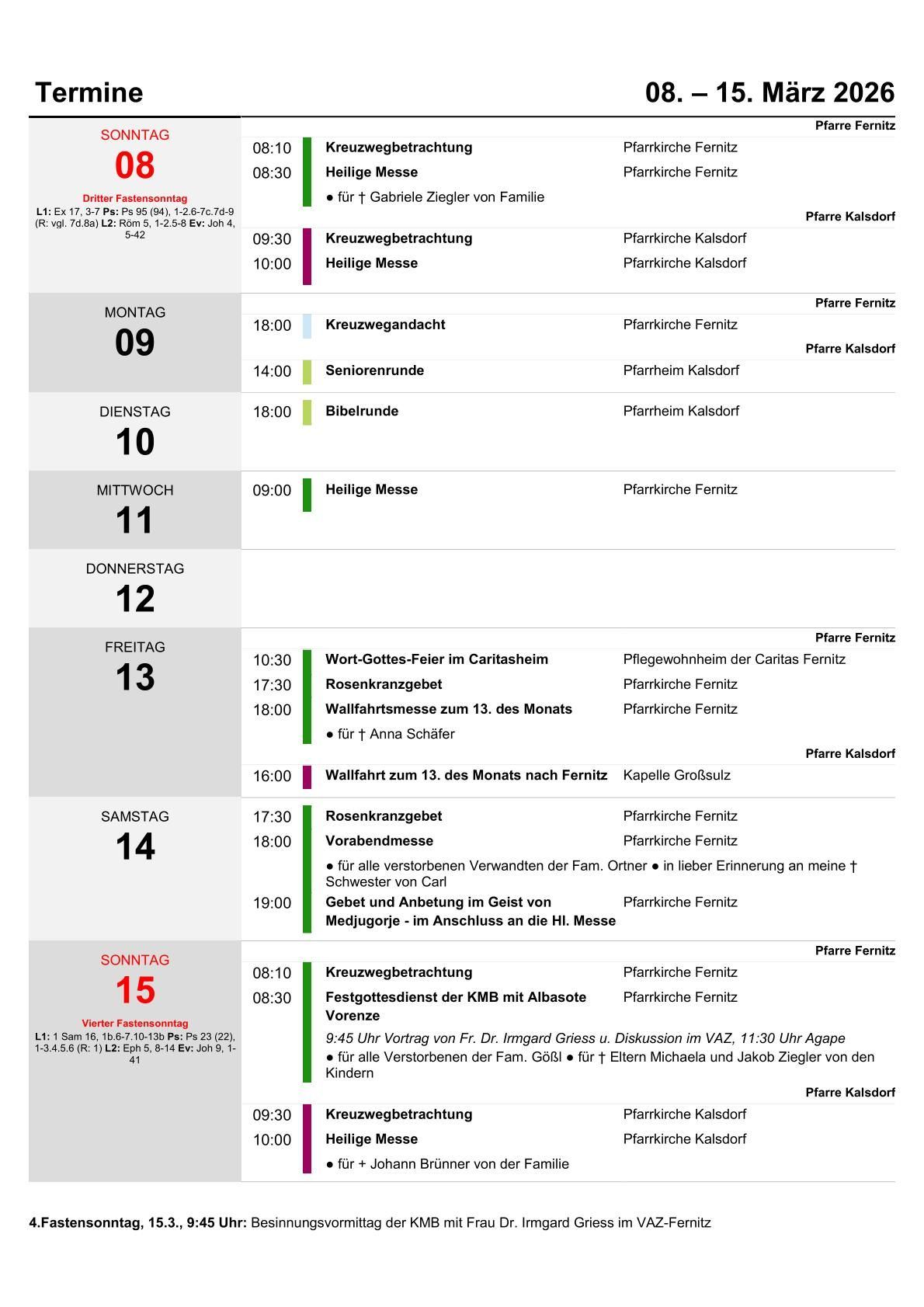 A weekly schedule with dates and events. Events include church services, prayer meetings, and family activities. Activities are held at different times and locations. The schedule runs from Monday to Sunday.