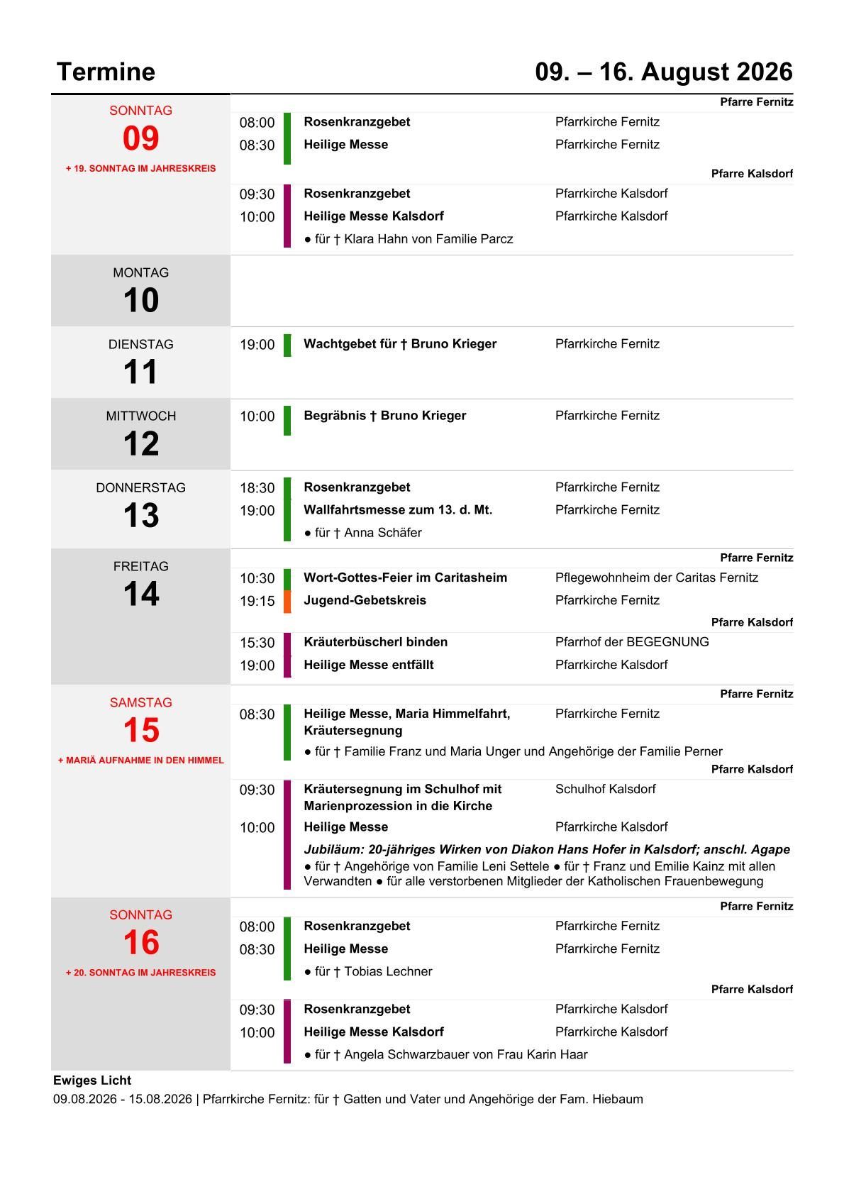 Ein wöchentlicher Zeitplan für kirchliche Veranstaltungen in Kalsdorf, Österreich, einschließlich Messen, Taufen und anderer religiöser Zeremonien, mit Datum und Uhrzeit.